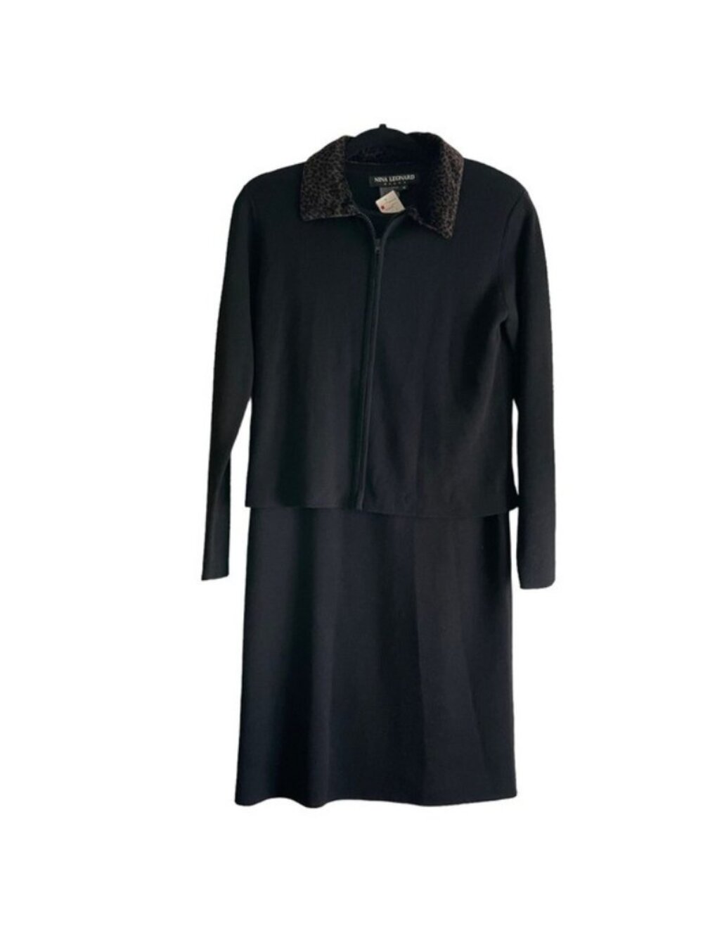 Nina Leonard Black Jacket Dress Size M Leopard Print Collar Long Sleeve NWT